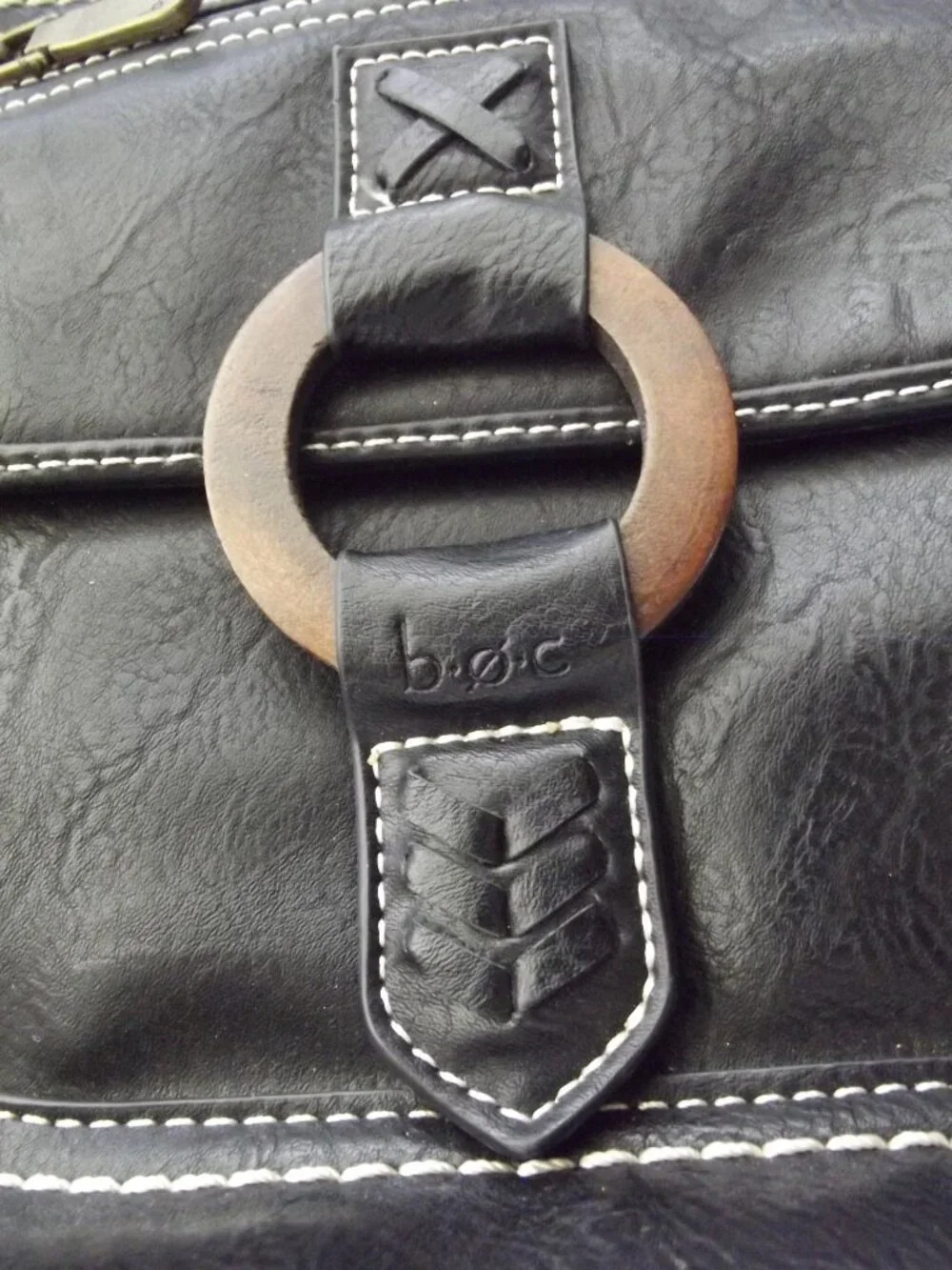 b.o.c. Backpack black faux leather white accent stitching wooden ring BORN